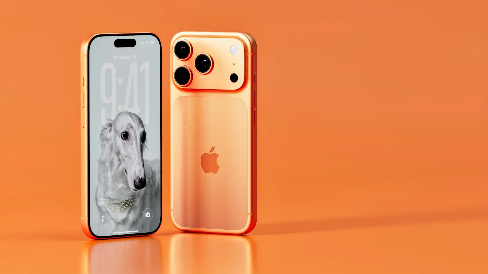 Kaksi oranssia iPhone 17-puhelinta oranssilla taustalla, etupuolen näytöllä koiran muotokuva ja takapuolella Apple-logo sekä kolmoiskamera.