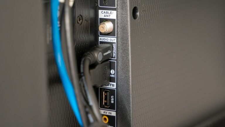Lähikuva television HDMI- ja muiden liitäntäporttien takapaneelista